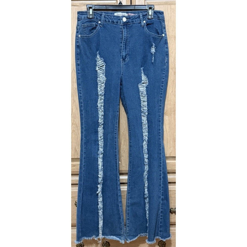 Denim Los Angeles High Waisted Flare Distressed Jeans Large Stretch Frayed Hem